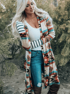 Womens Aztec Cardigan Sweater featuring vibrant patterns and long sleeves, styled with jeans
