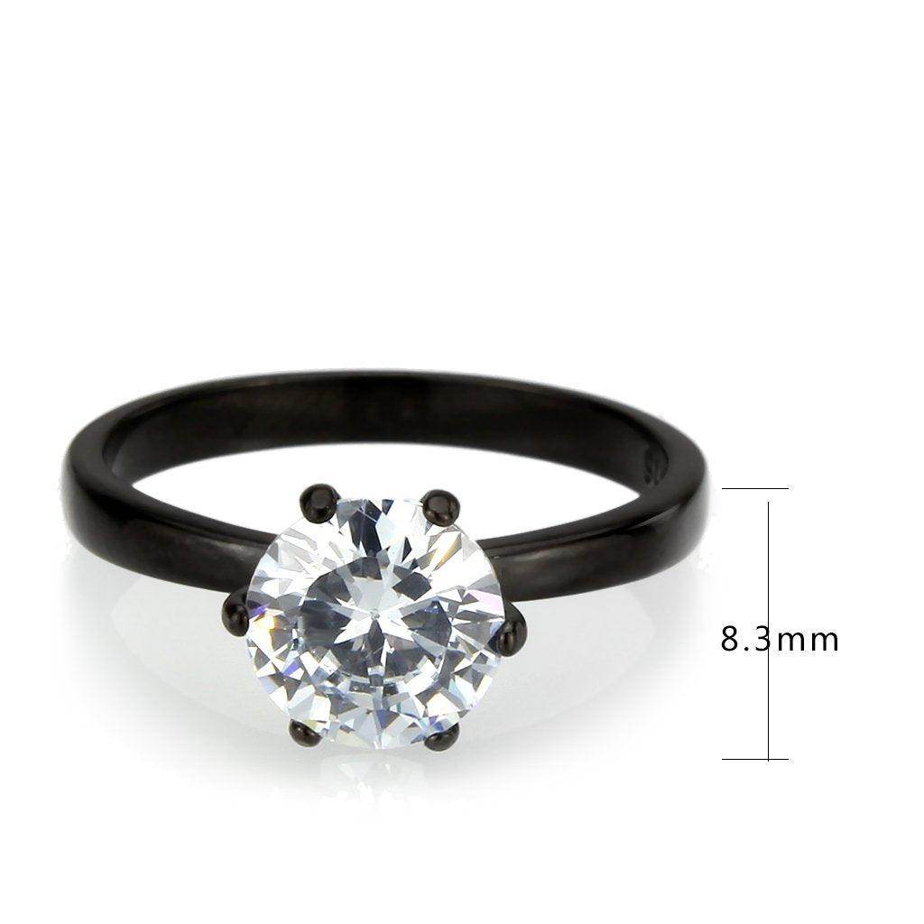 Elegant womens black stainless steel ring featuring a large sparkling crystal centerpiece