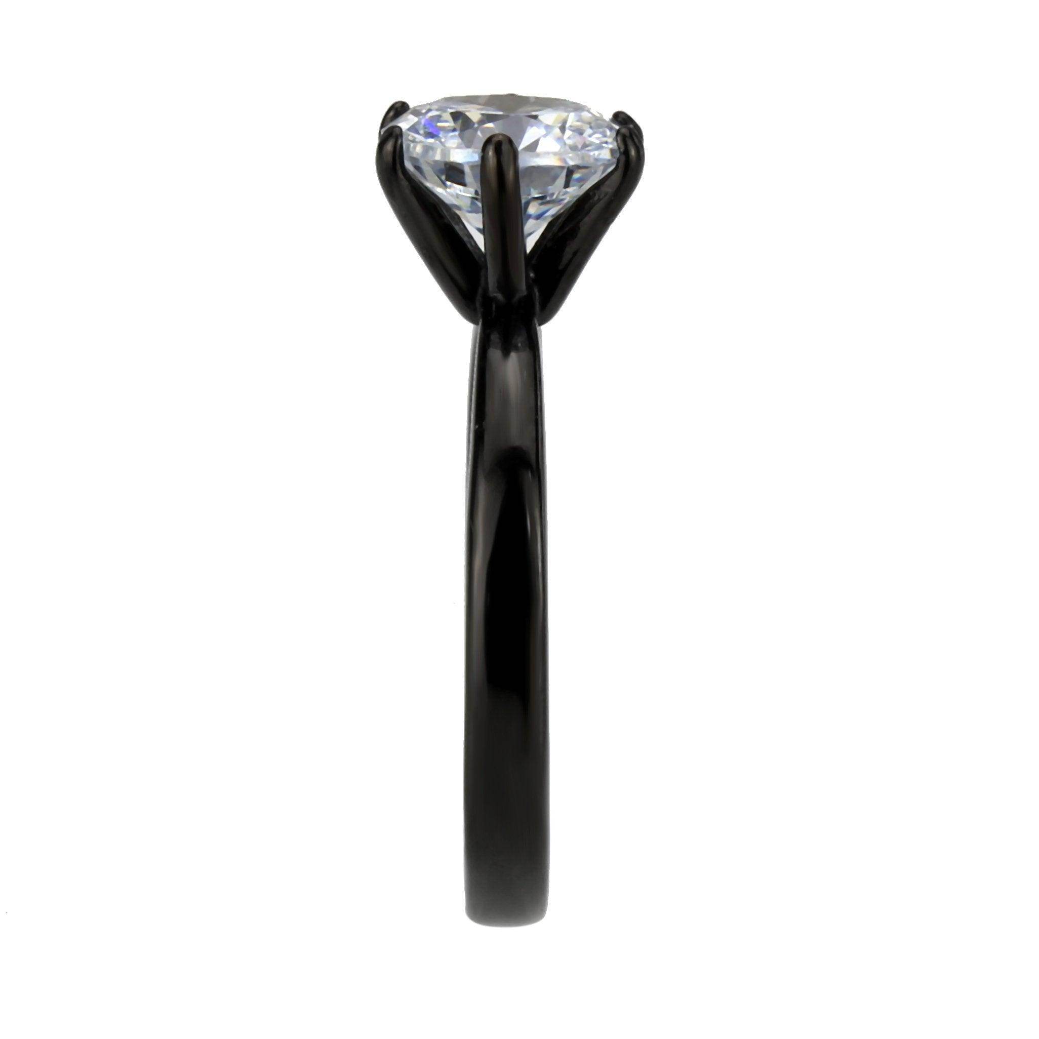 Stunning womens black stainless steel ring featuring a sparkling clear gemstone setting