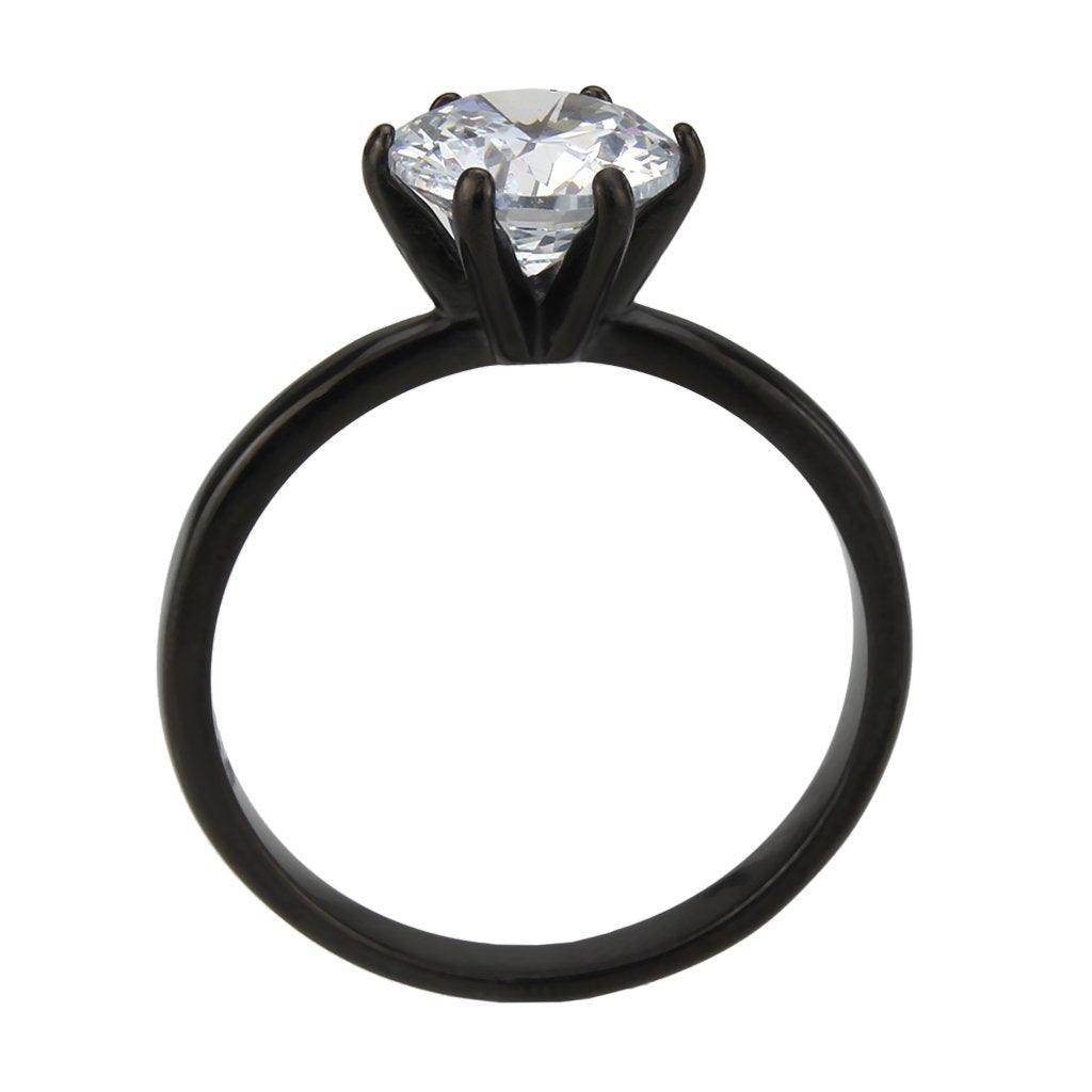 Womens black stainless steel ring featuring a large sparkling stone for elegant style