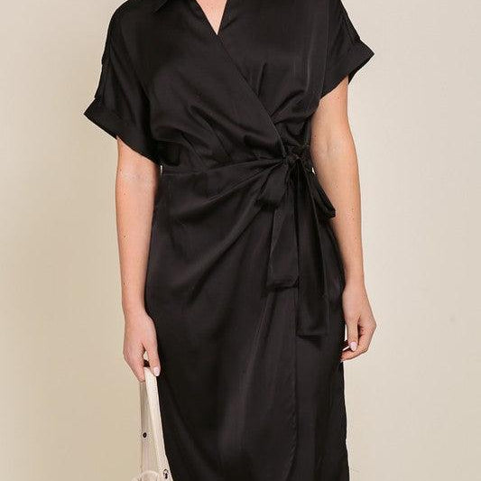 Women's Dresses Womens Black Surplice Satin Wrap Dress