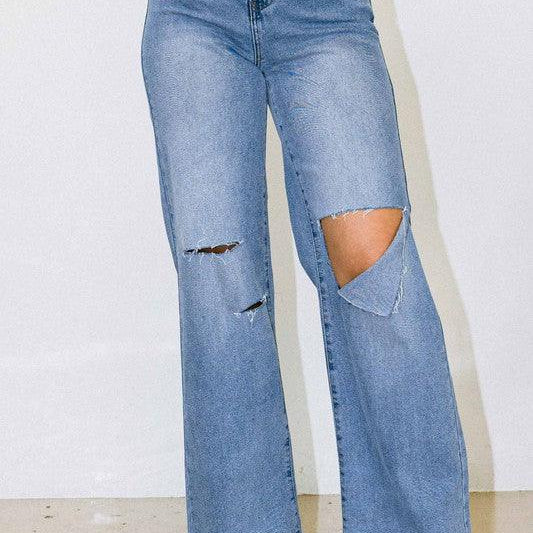 Women's Jeans Womens Blue Distressed Wide Fit Jeans