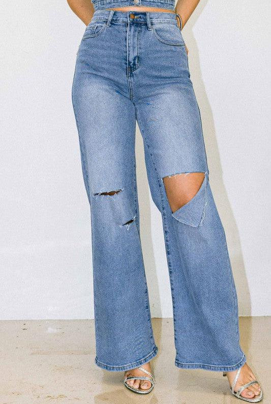 Women's Jeans Womens Blue Distressed Wide Fit Jeans