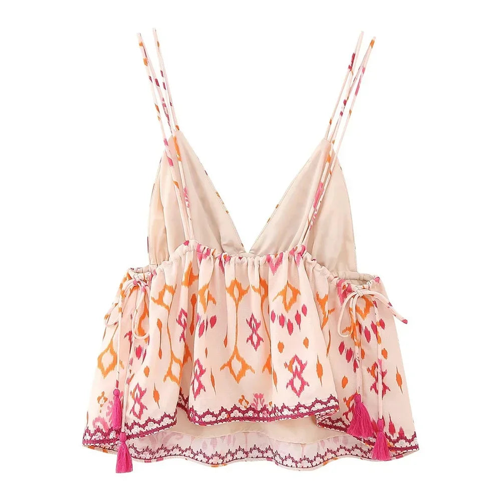 Women's boho top in cream with colorful tribal print for casual outings