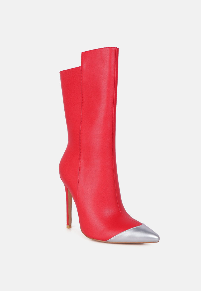 Stylish red ankle boots with silver pointed toe and high heel for a chic look
