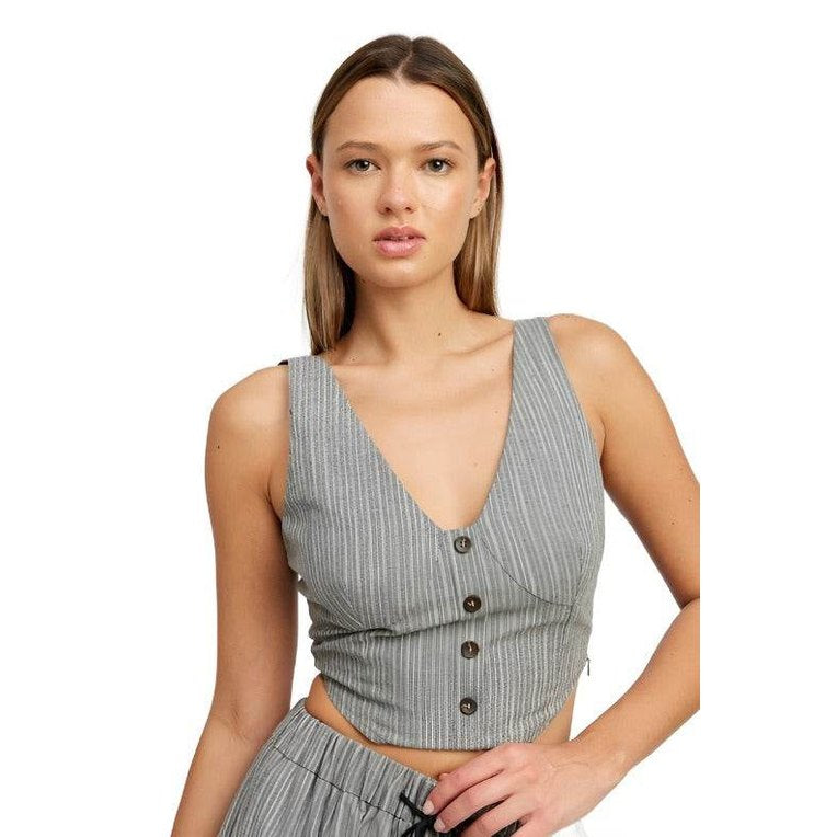 Womens Button Down Pinstripe Vest Top - VacationGrabs