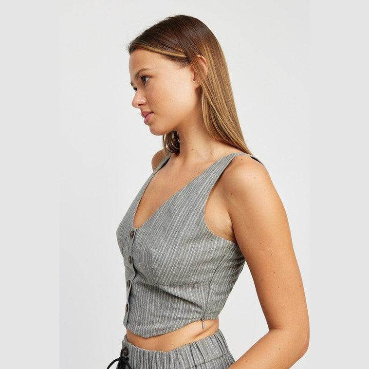Womens Button Down Pinstripe Vest Top - VacationGrabs