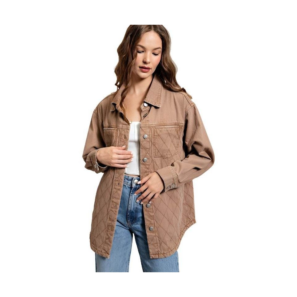 Womens Camel Quilted Button Down Jacket - VacationGrabs