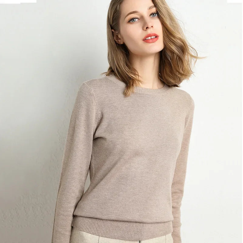 Elegant women's cashmere wool blend sweater in light beige, perfect for casual and formal outfits