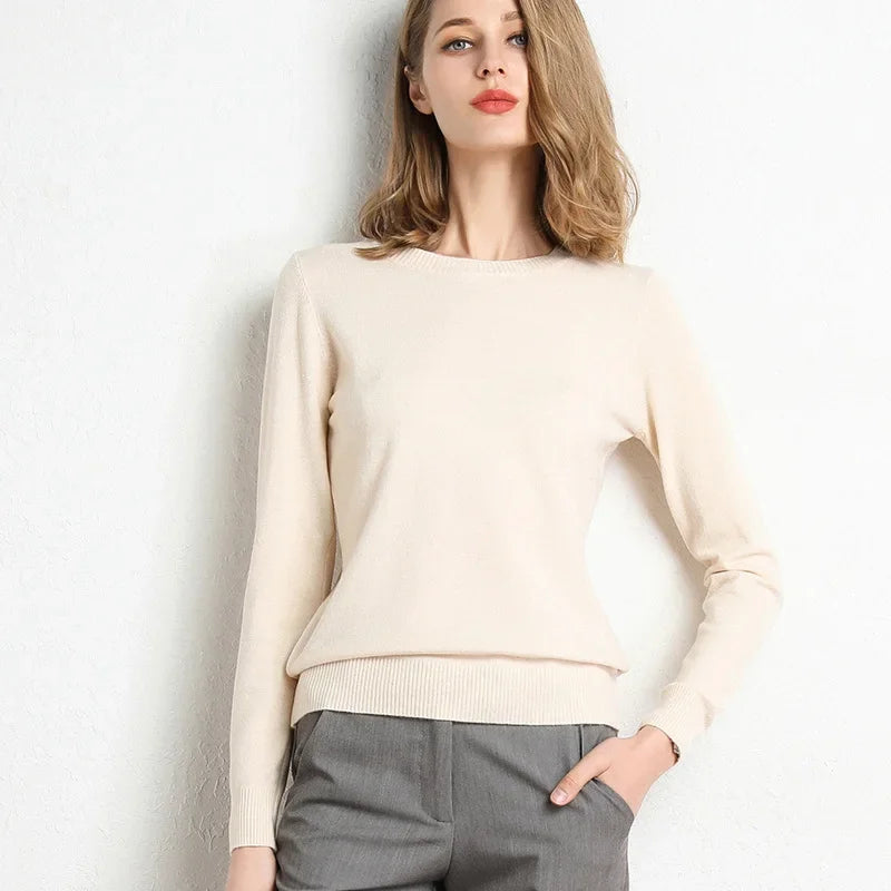 Elegant women's cashmere wool blend sweater in cream color for a stylish and cozy look