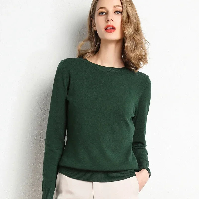 Elegant woman's cashmere wool blend sweater in deep green color, perfect for casual and stylish outfits