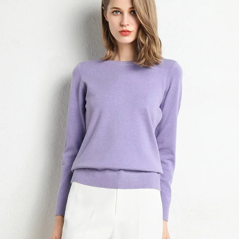 Elegant women's cashmere wool blend sweater in lavender, perfect for stylish layering