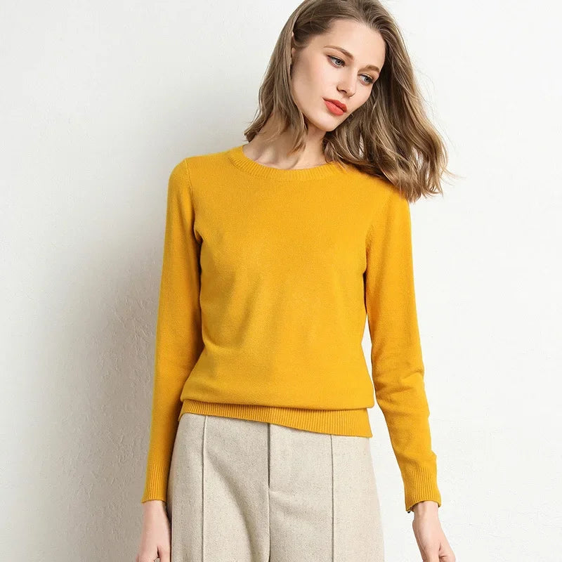 Stylish women's cashmere wool blend sweater in vibrant yellow for a chic look