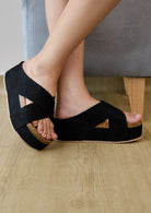 Maker's Shoes womens casual flatform sandals with arch support in black suede with crisscross straps