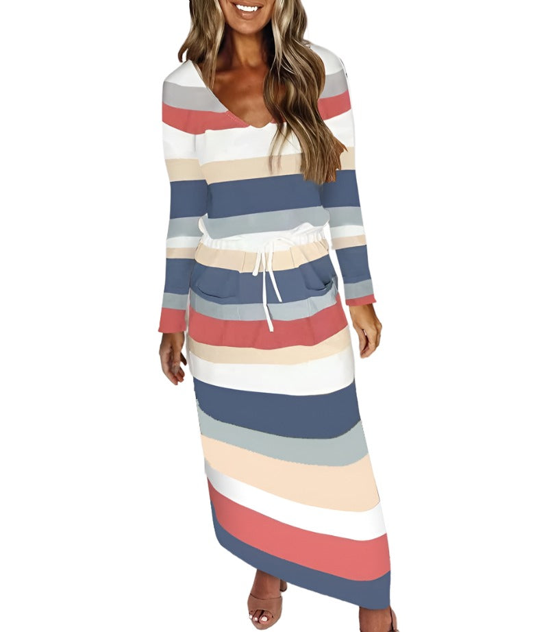 Women's Dresses Womens Casual Long Sleeve Dress V Neck Color Block Stripes
