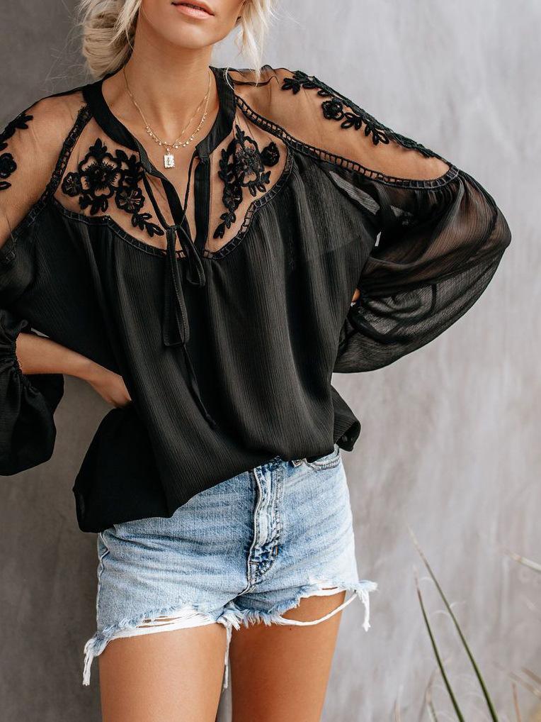Women's Shirts Womens Casual Solid V Neck Lace Crochet Blouse
