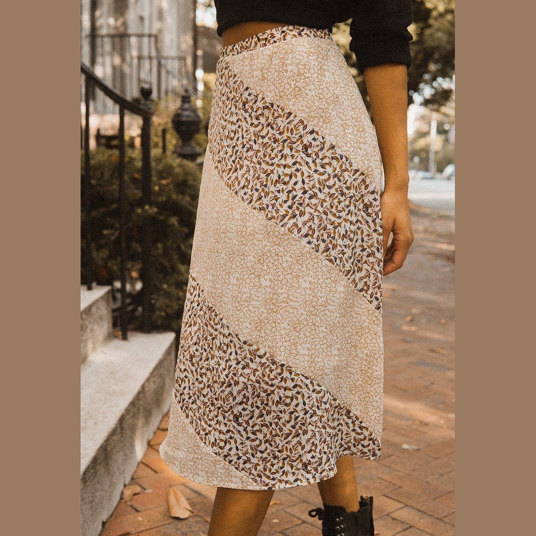 VacationGrabs womens casual vacation skirts with beige and brown floral pattern midi length