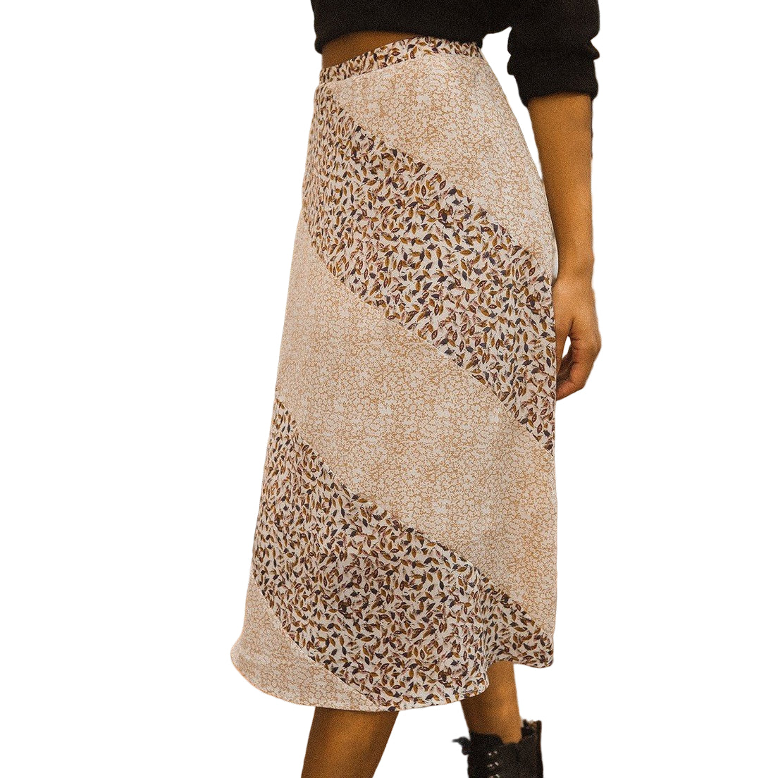 VacationGrabs womens casual vacation skirts with beige and brown floral pattern midi length