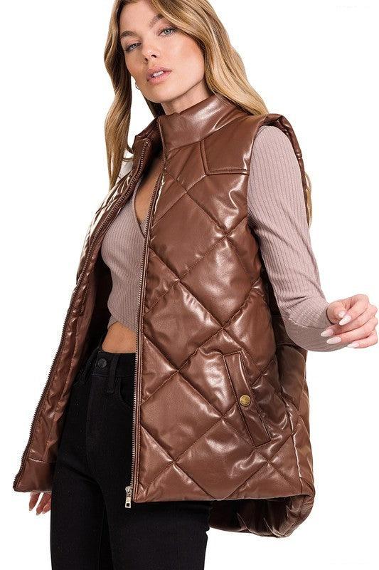 Women's Coats & Jackets Womens Chocolate Vegan Leather Puffer Vest