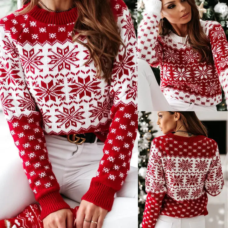 Women's Christmas snowflake sweater in red and white with festive snowflake patterns