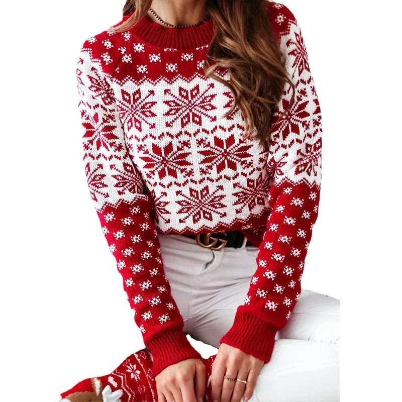 Red women's Christmas snowflake sweater with white snowflake patterns for holiday wear