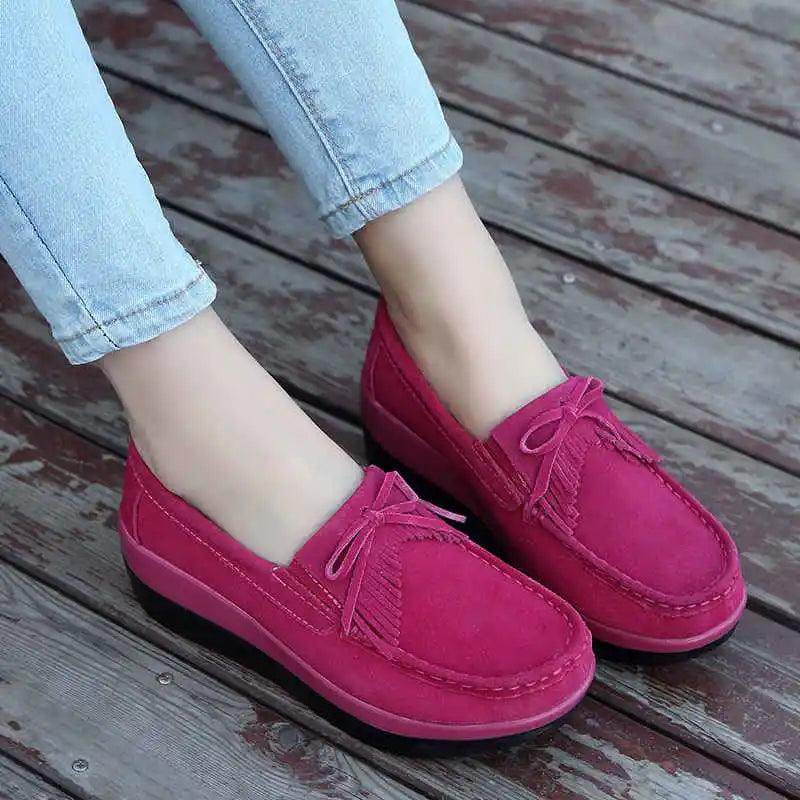 Women's pink suede loafers, perfect women's city walking shoes