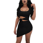 Black asymmetrical womens club dresses night out with cutout waist and tie detail