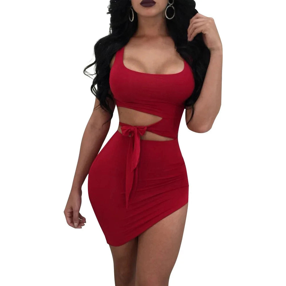 Red sleeveless fitted womens club dresses night out with cutout waist and bow tie detail