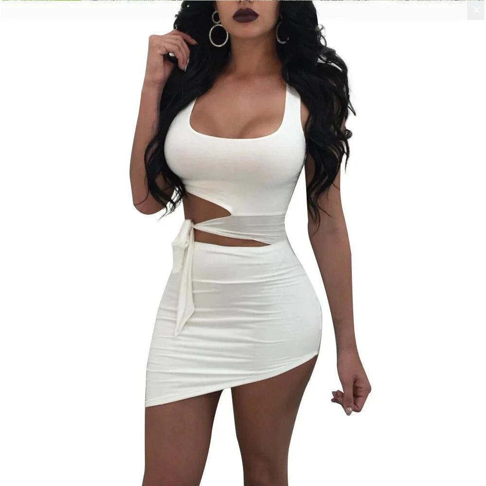 White sleeveless womens club dresses night out with cutout waist and side tie detail