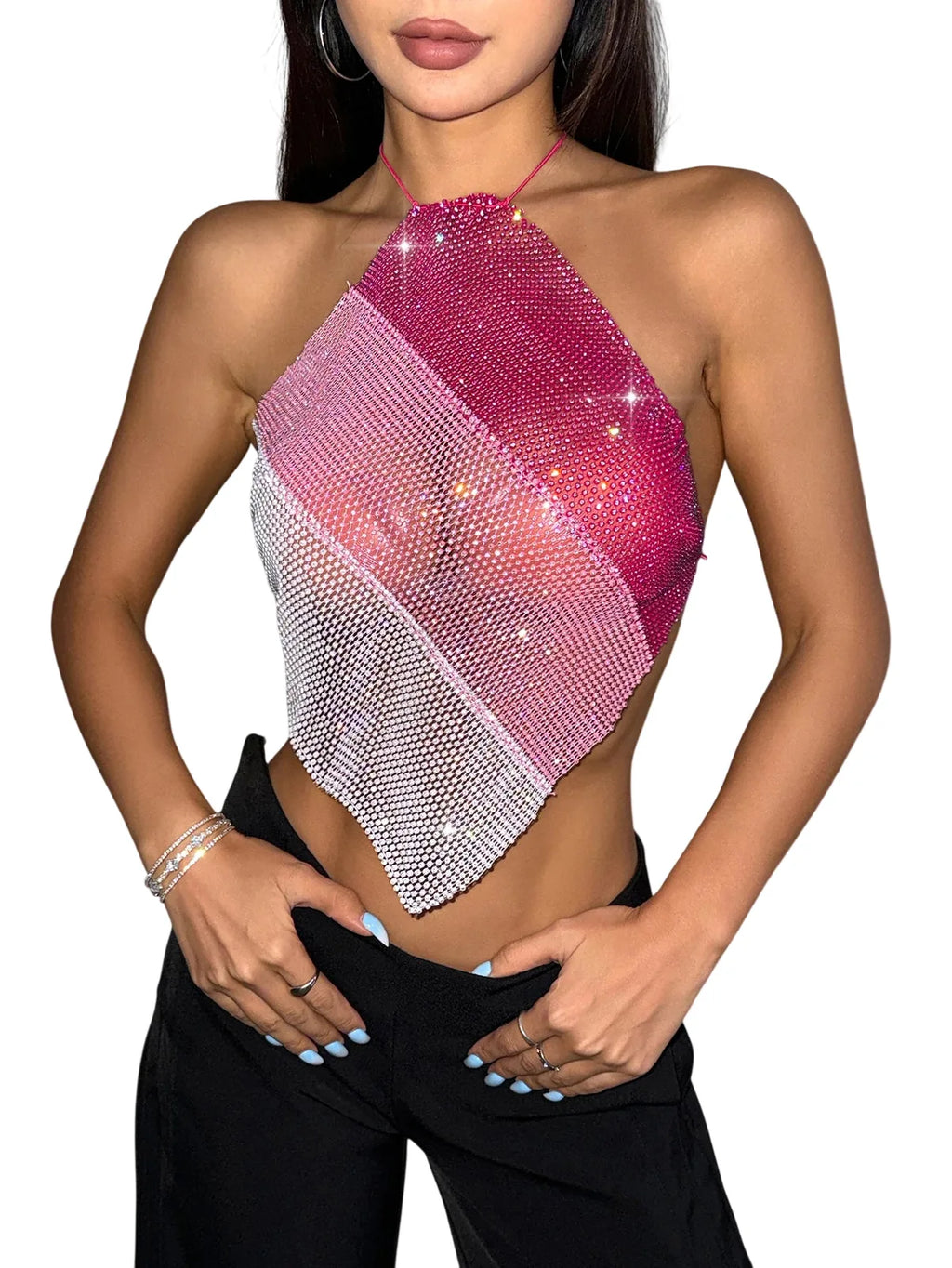Womens Clubwear Mesh Tops with Diamond Sparkle Detail