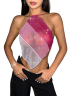 Womens Clubwear Mesh Tops with Diamond Sparkle Detail