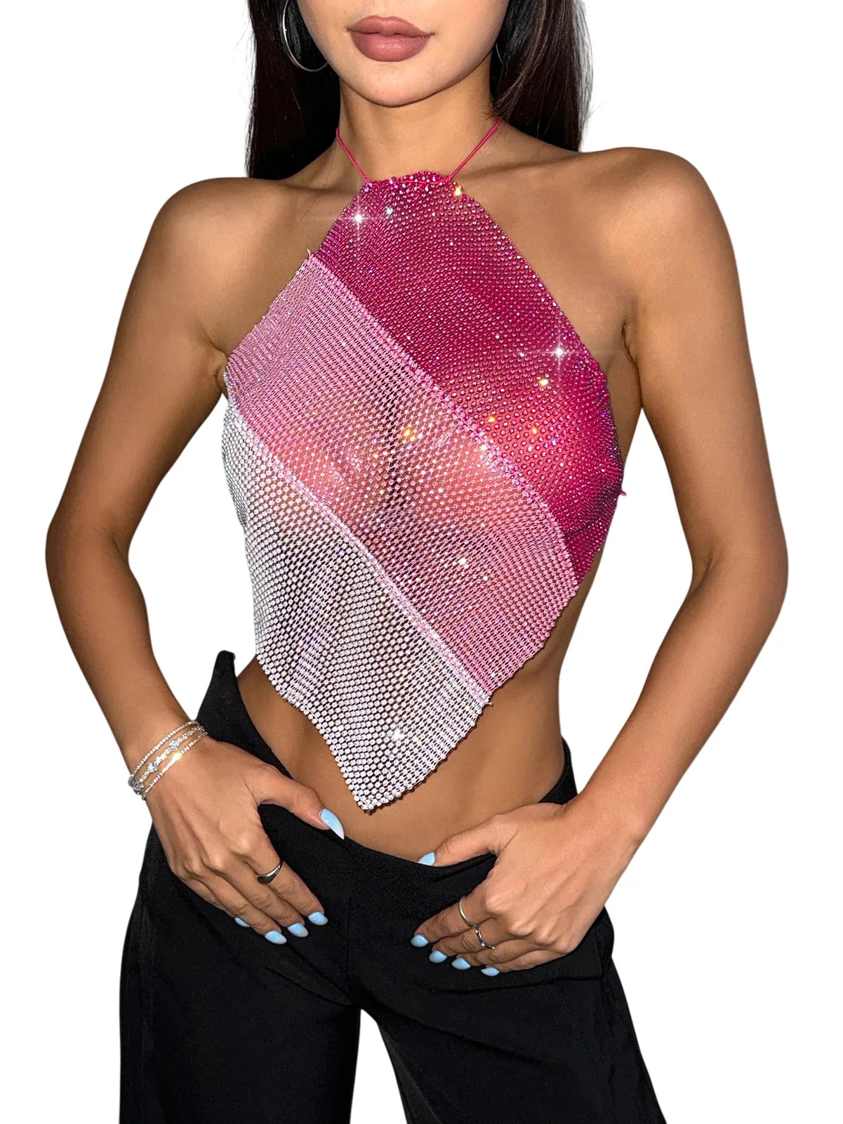 Womens Clubwear Mesh Tops with Diamond Sparkle Detail