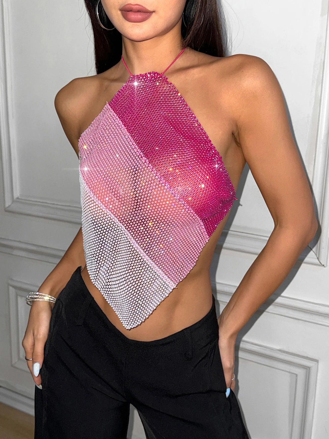 Womens clubwear mesh tops in pink and white, perfect for nightlife