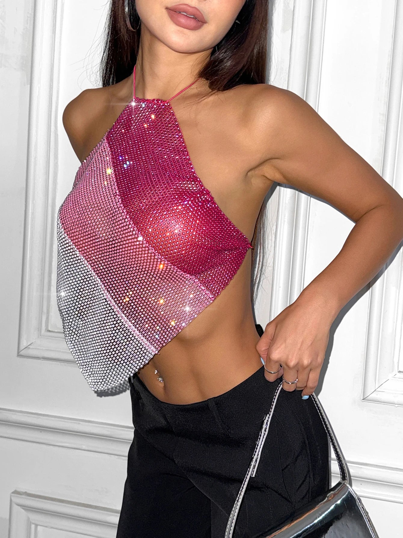 Womens clubwear mesh tops in pink and silver for stylish nightlife
