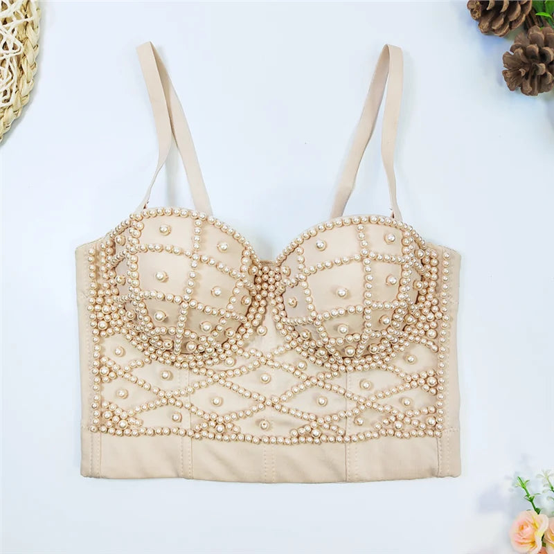 Women's Clubwear Tops in beige with pearl embellishments for stylish nights out