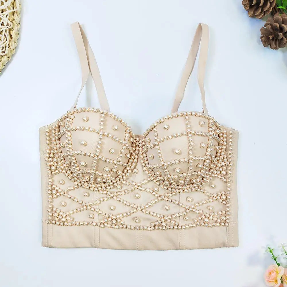 Women's Clubwear Tops, beige, adorned with pearl details for stylish nightlife