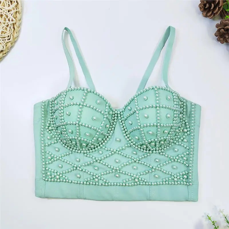 Mint green women's clubwear tops with pearl embellishments for trendy nightlife