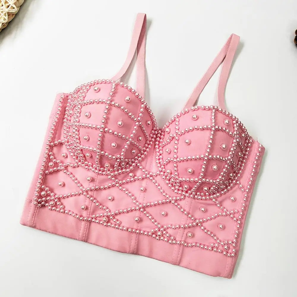 Women's Clubwear Tops in pink with pearl embellishments, perfect for nightlife