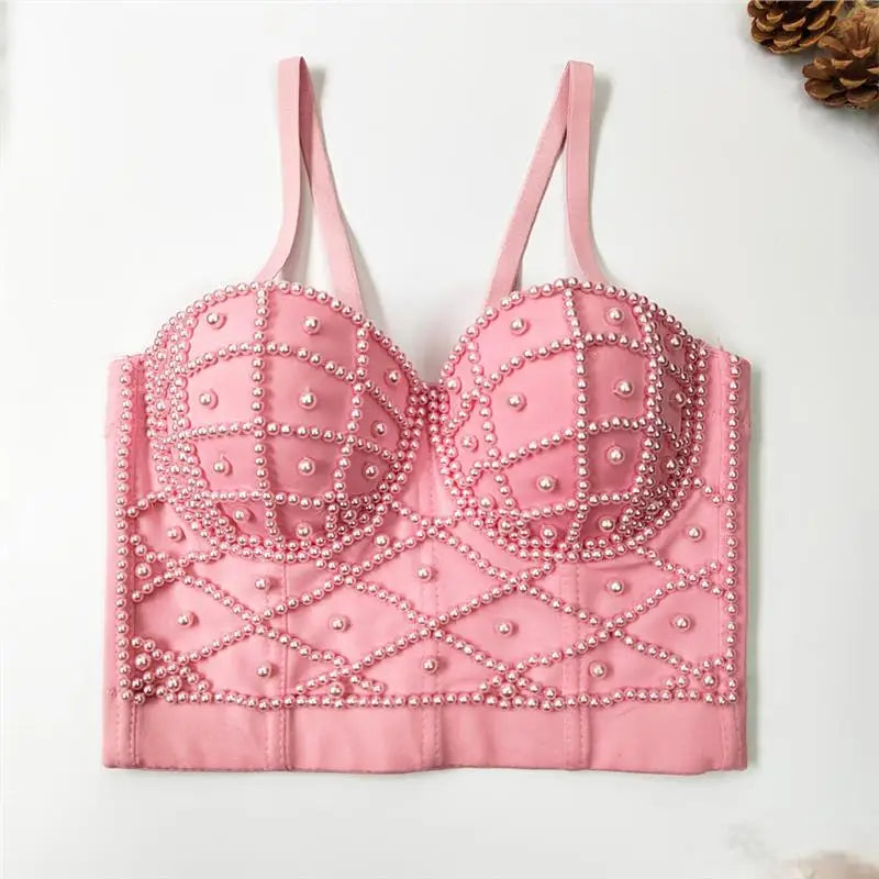 Women's Clubwear Tops in pink with pearl embellishments for nightlife style