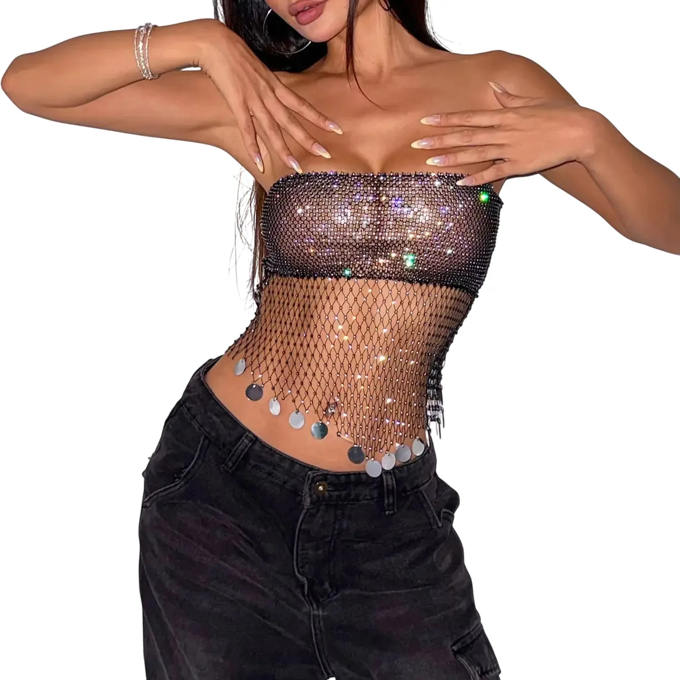 Women's Clubwear Tops with Shimmering Mesh Design