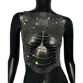 Women's Clubwear Tops in black satin with colorful rhinestones for nightlife