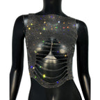 Women's Clubwear Tops in black satin with colorful rhinestones for nightlife