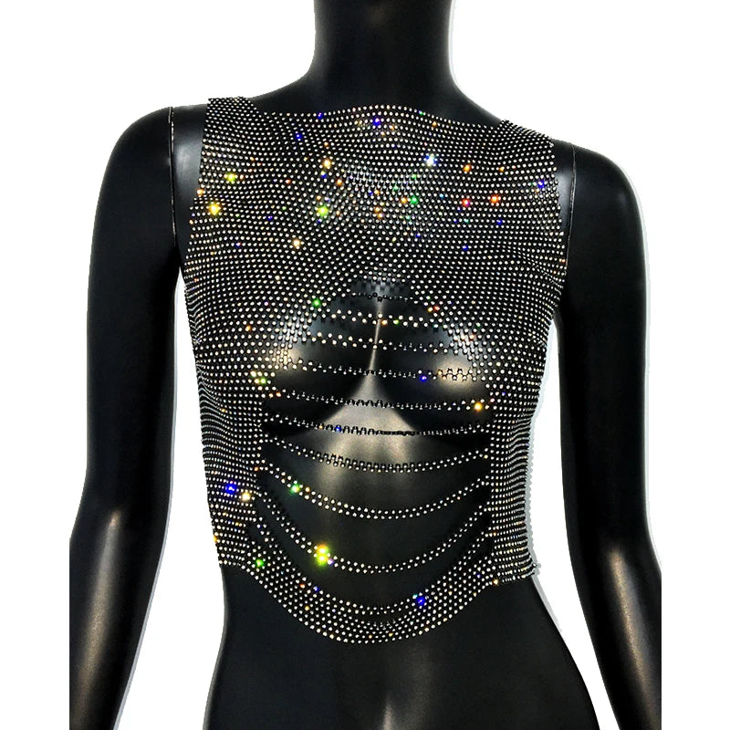 Women's Clubwear Tops in black satin with colorful rhinestones for nightlife