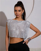 Women's Clubwear Tops, silver metallic mesh crop top, stylish for parties