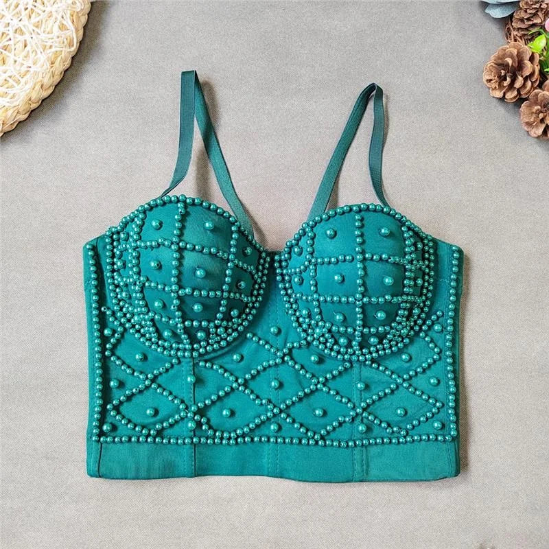 Women's Clubwear Tops, teal beaded crop top for trendy nightouts