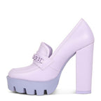 Rag Company womens colorful platform loafers in light purple with chunky high heel and chain detail