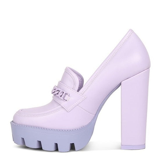 Rag Company womens colorful platform loafers in light purple with chunky high heel and chain detail