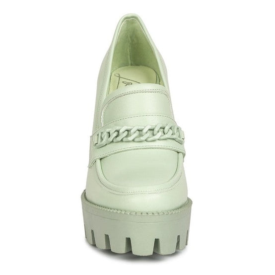 Rag Company womens colorful platform loafers in light green with chunky chain detail and thick sole