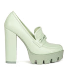 Rag Company womens colorful platform loafers in light green with chunky high heels and chain detail