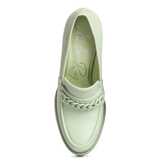 Rag Company womens colorful platform loafers in light green with chain detail and cushioned insole